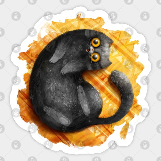 Happy smiling black cat on a yellow carpet Sticker by Marysha_art